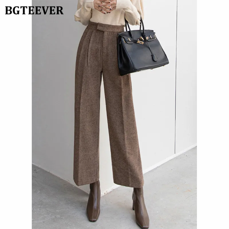 BGTEEVER Autumn Winter High Waist Ladies Woolen Pants Loose Thicken Wide Leg Trousers for Women