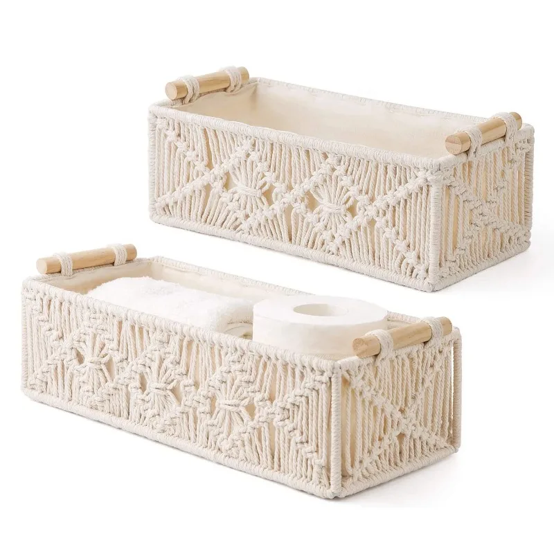 

Macrame Storage Basket Bohemian Decorative Box Hand Woven Decorative Countertop Toilet Water Tank Shelf Cabinet