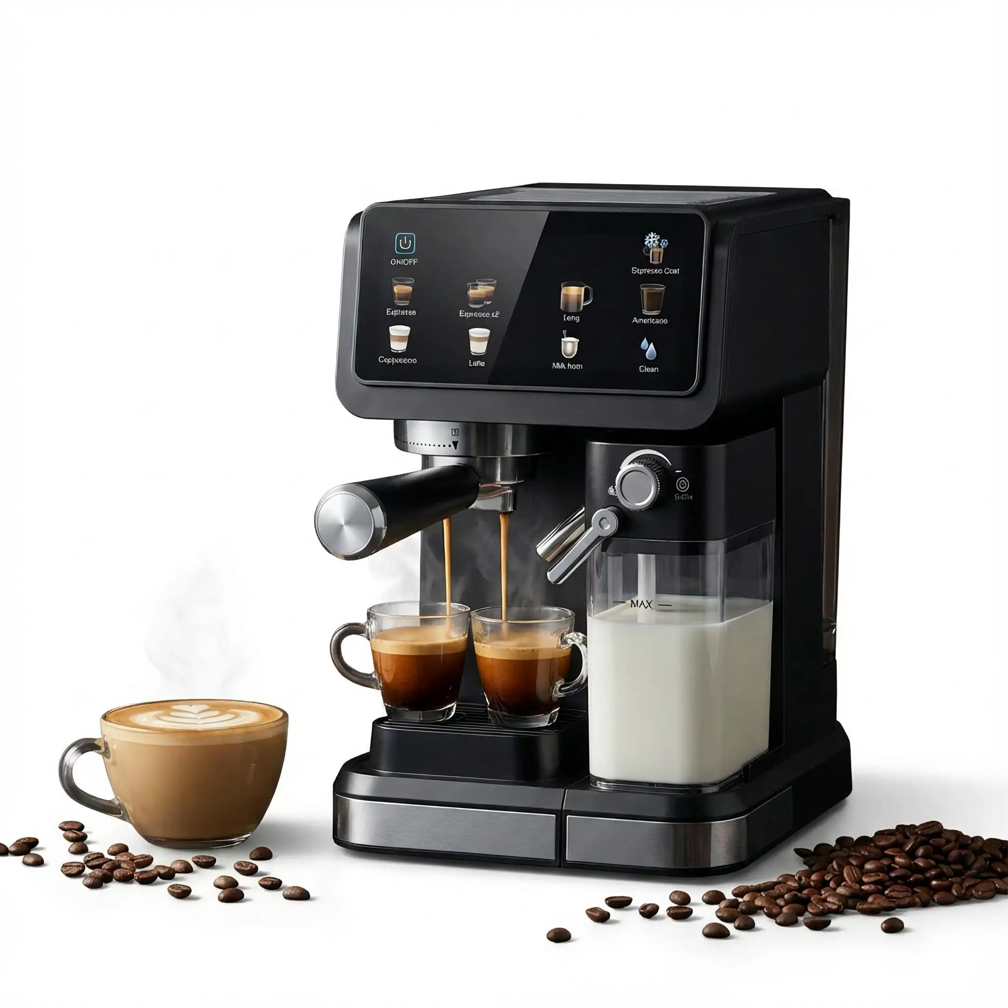 Automatische Espresso-Kaffeemaschine 20 Bar Milchaufschäumer Touchscreen Vorbrühfunktion Latte Cappuccino Maker 6 Modi