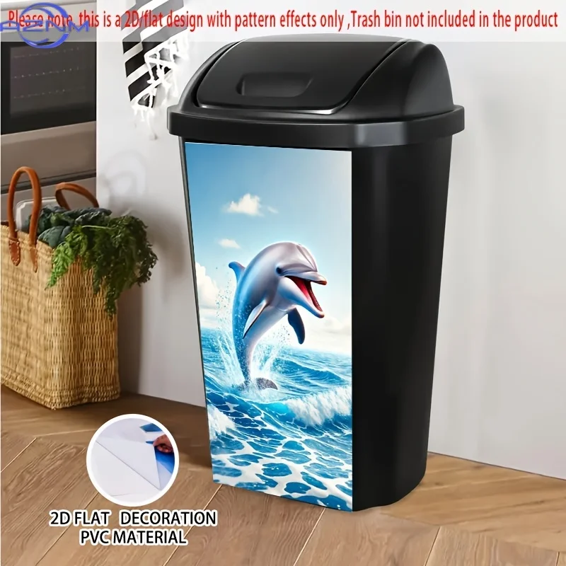 1pc 2D/FLAT Dolphin Leaping from Ocean Self-Adhesive Dustbin Stickers, Durable, Removable, PVC Decorative Stickers, Wheelie Bi