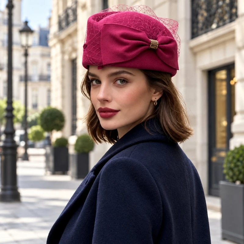2025 New Bowknot and Veil Pillbox Fascinator Hat, Classical Fabric Headwear for Women Winter Everyday Outings, Holiday Event and