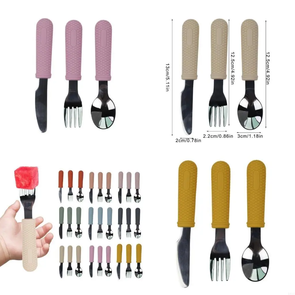 

581F Ergonomic Baby Spoon & Fork set Stainless Steel Feeding Set with Silicone Handles Baby Feeding Set for Boy Girls