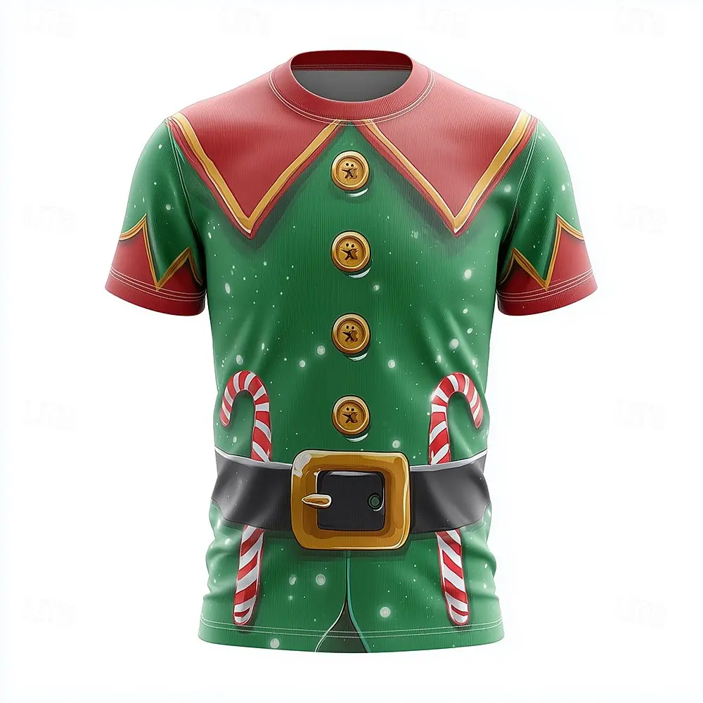 Christmas Elf 3D Costume T Shirt for Men, Funny Candy Cane Belt Holiday Outfit, Xmas Party Top for Ugly Day Family Gathering