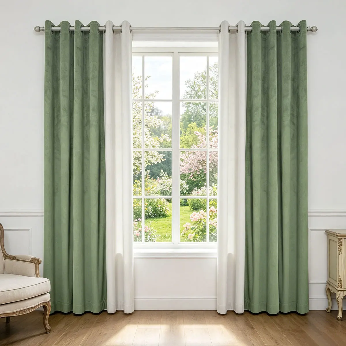 Sage Green & White Color Block Velvet Curtains 2‑Pack, Grommet Blackout Drapes for Fresh Farmhouse Living Room Bedroom Decor
