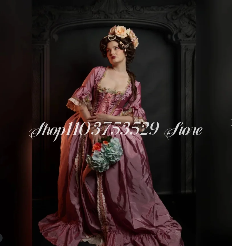 فساتين سهرة على الطراز الفيكتوري برقبة مربعة نصف كم مطوي مشد ربطة عنق على شكل حرف a فساتين طويلة من القرون الوسطى حسب الطلب #3