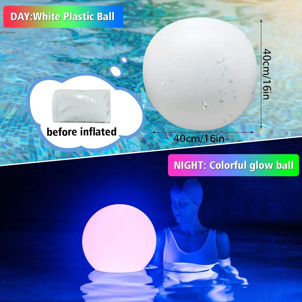 2 Piece Inflatable LED Luminous Water Ball, Ø 40cm Floating Pool Lighting,Waterproof Beach Ball with Remote Control