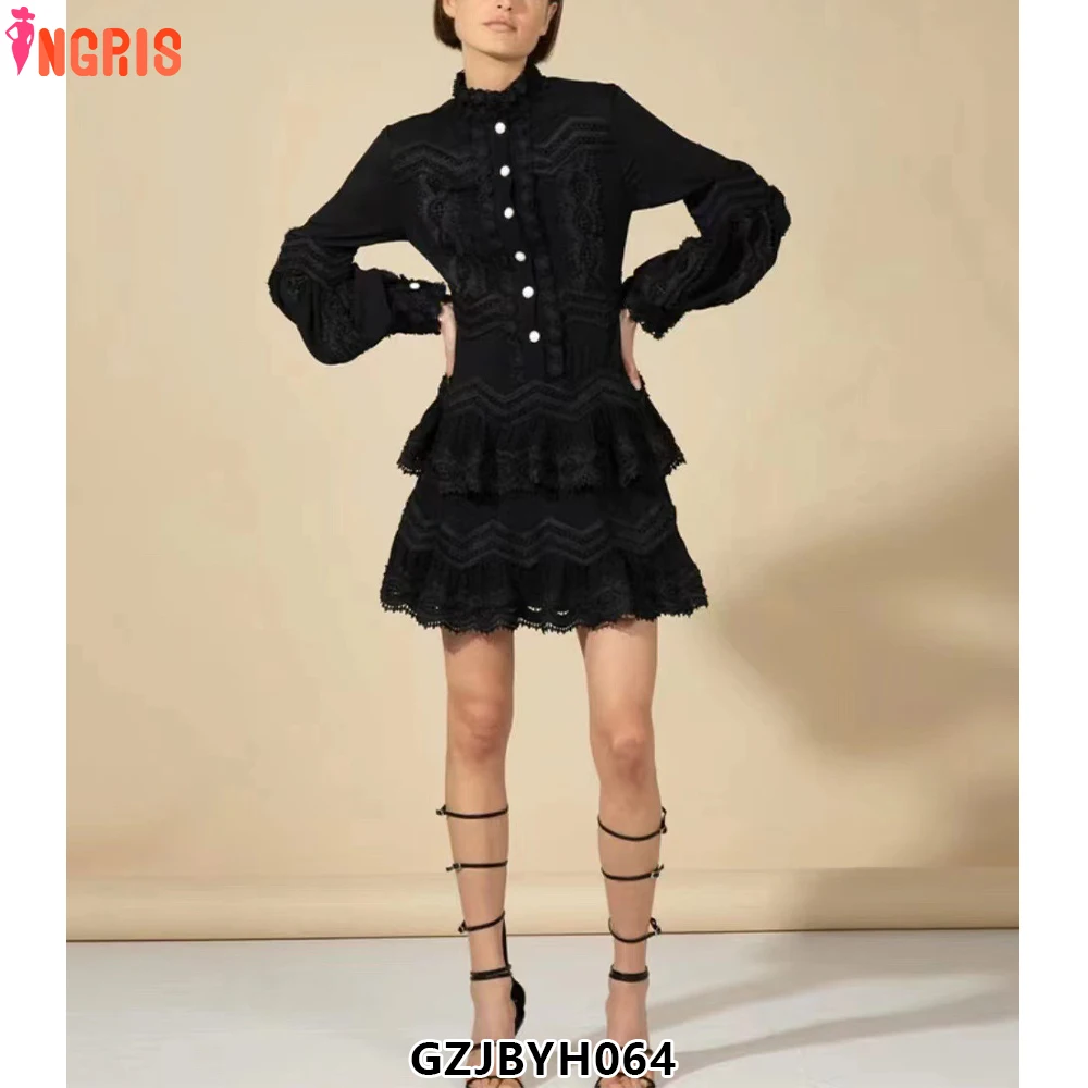 

Summer new style stand-up collar single-breasted design embroidered ruffle dress temperament elegant dress-GZJBYH064
