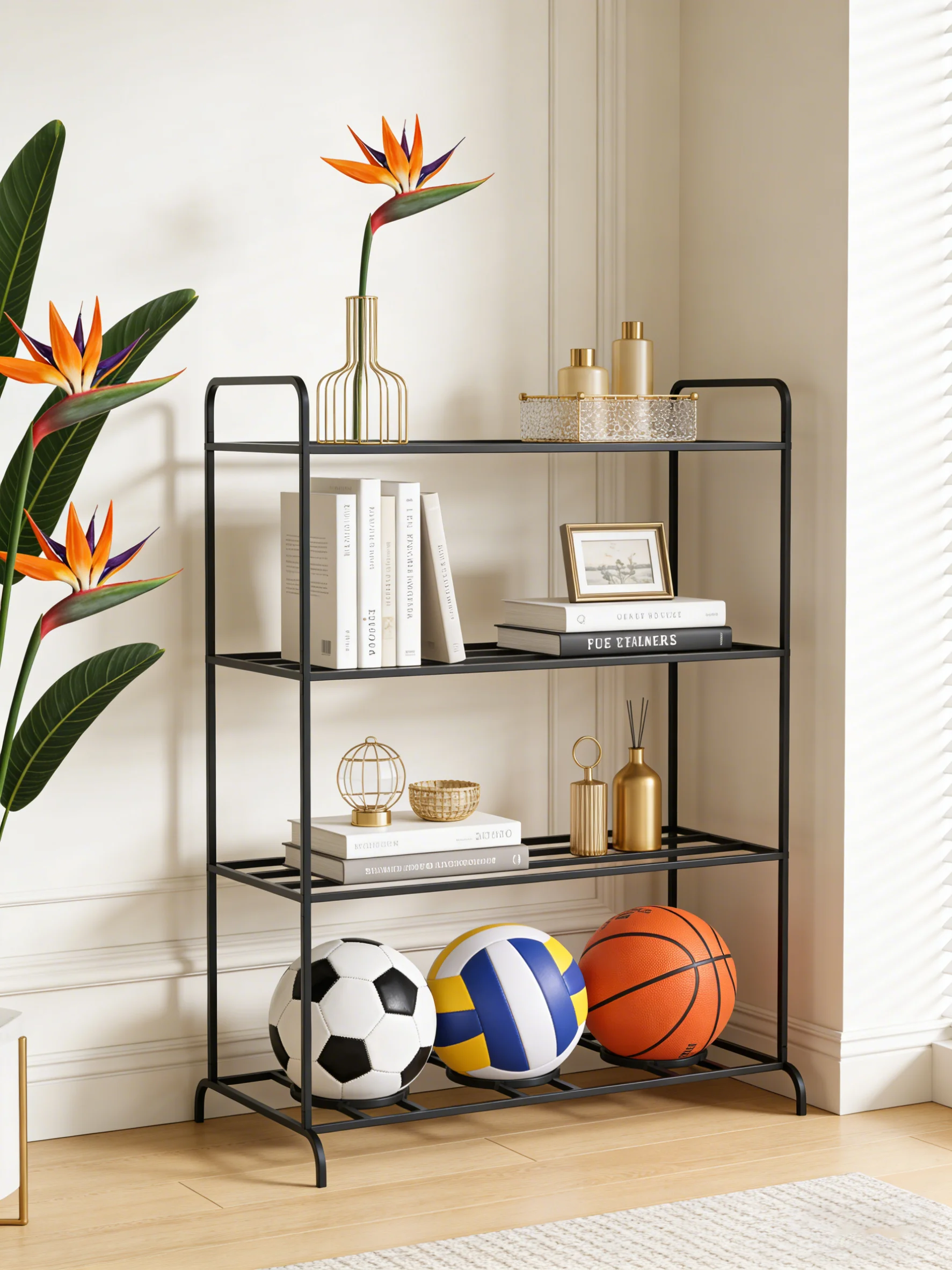 1-Layer Ball Rack + 3-Layer Storage Rack, Made of Iron, Basketball Storage Rack