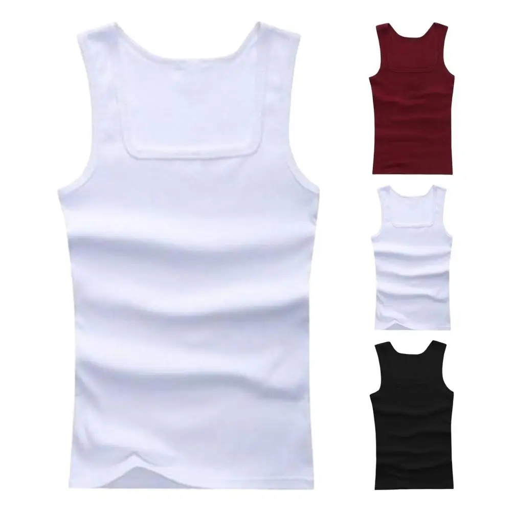 Men Sports Vest Square Neck Sleeveless Bodybuilding Tank Top Sweat Absorption Elastic Casual Jogging Gym Tank Top Undershirt