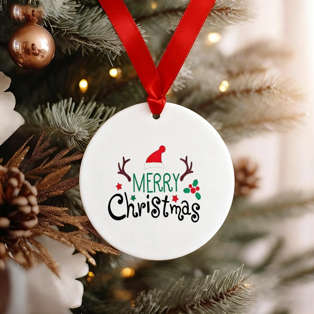 

1 double-sided Christmas ornament (with reindeer antlers and Santa hat) - Round "Merry Christmas" sign - Christmas tree ornament