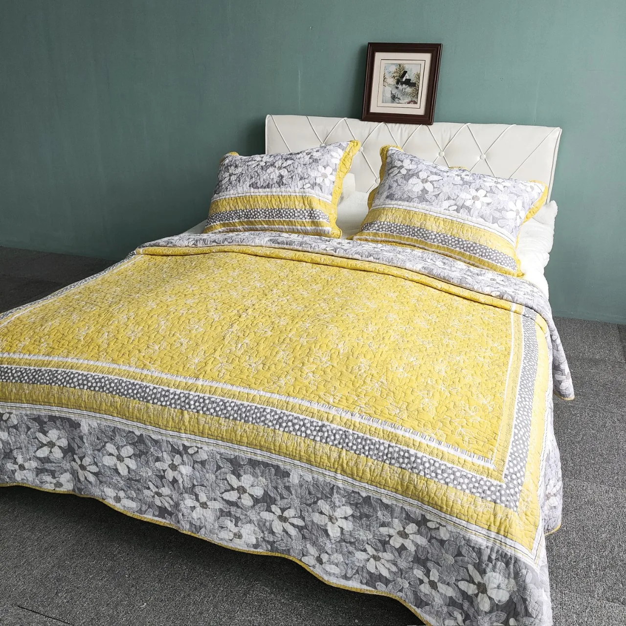 3-Piece Printed Plain Cotton Quilt Set, Lightweight Breathable Bedspread Coverlet for All Seasons, Home Decor Bedding