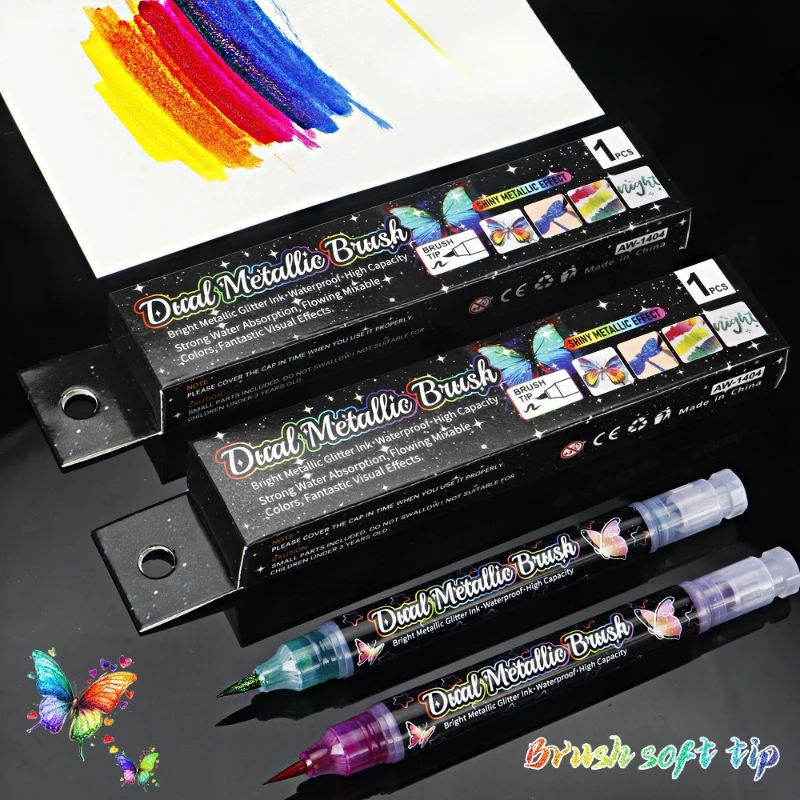 

Блестящая ручка-кисть для DIY Decor, журнал для скрапбукинга, ручка с металлическими чернилами и мягким гибким наконечником, инструмент для письма с золотым блеском