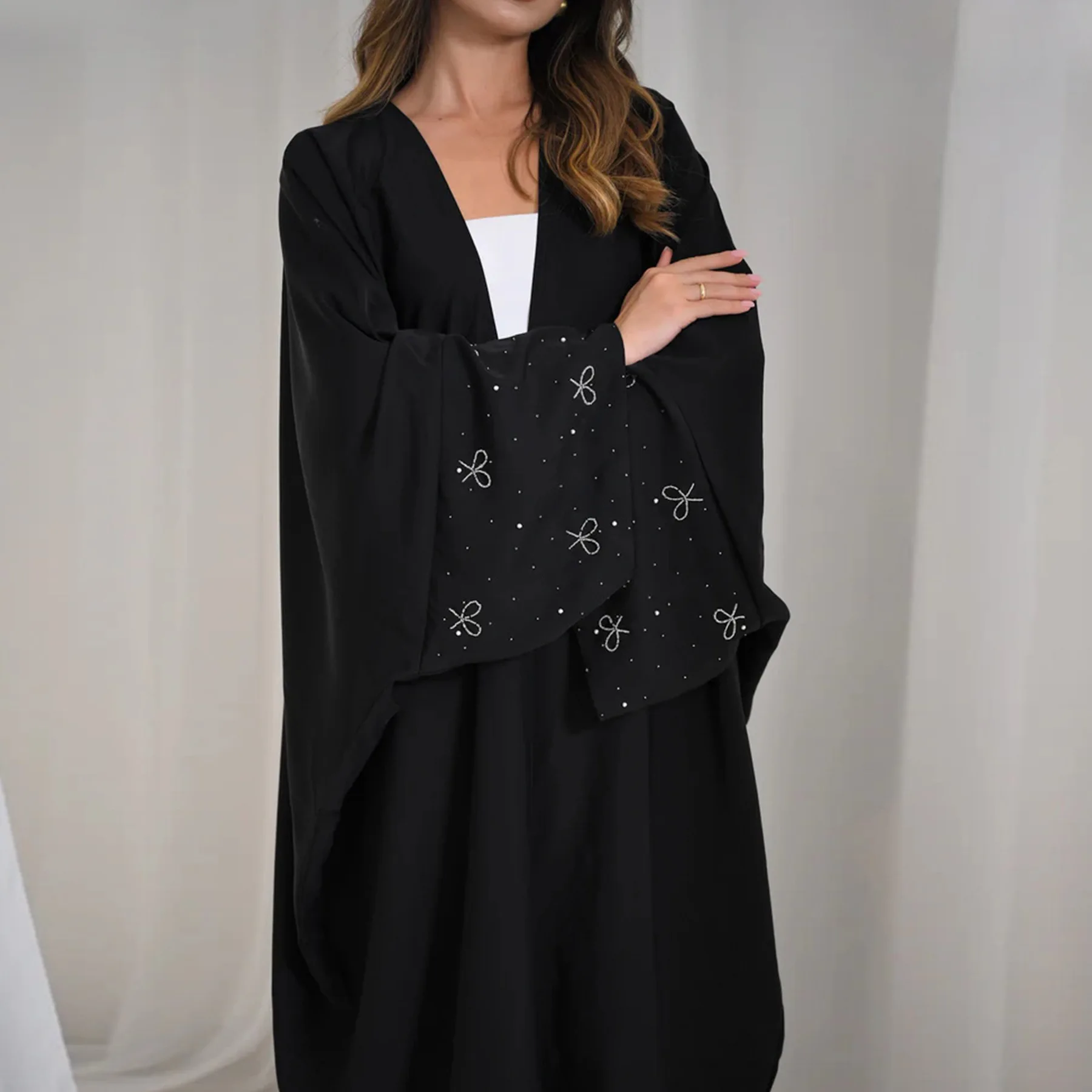 Verão nova moda feminina muçulmana miçangas simples casual na moda solta elegante manga longa arco cardigan feminino abaya dubai roupas
