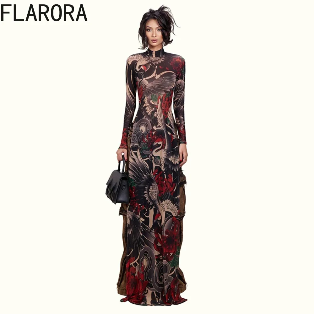 

FLARORA Vintage Colorful Print Long T-Shirt Woman Turtleneck Full Sleeve Side Slit Skinny High Waist Tops Trend Y2k Streetwear