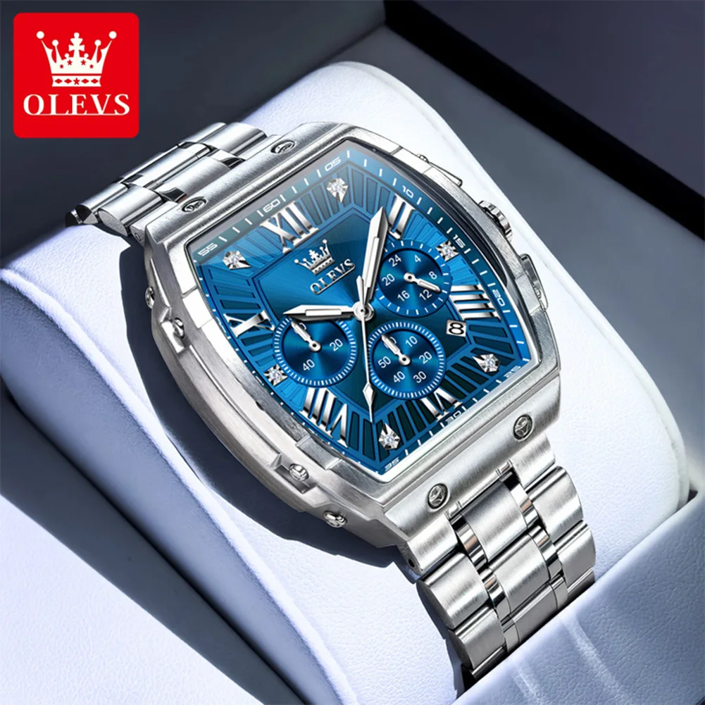 OLEVS New Design Tonneau Watch Men Luminous Waterproof Date Stainless Steel Chronograph Quartz Watches for Men Relogio Masculino