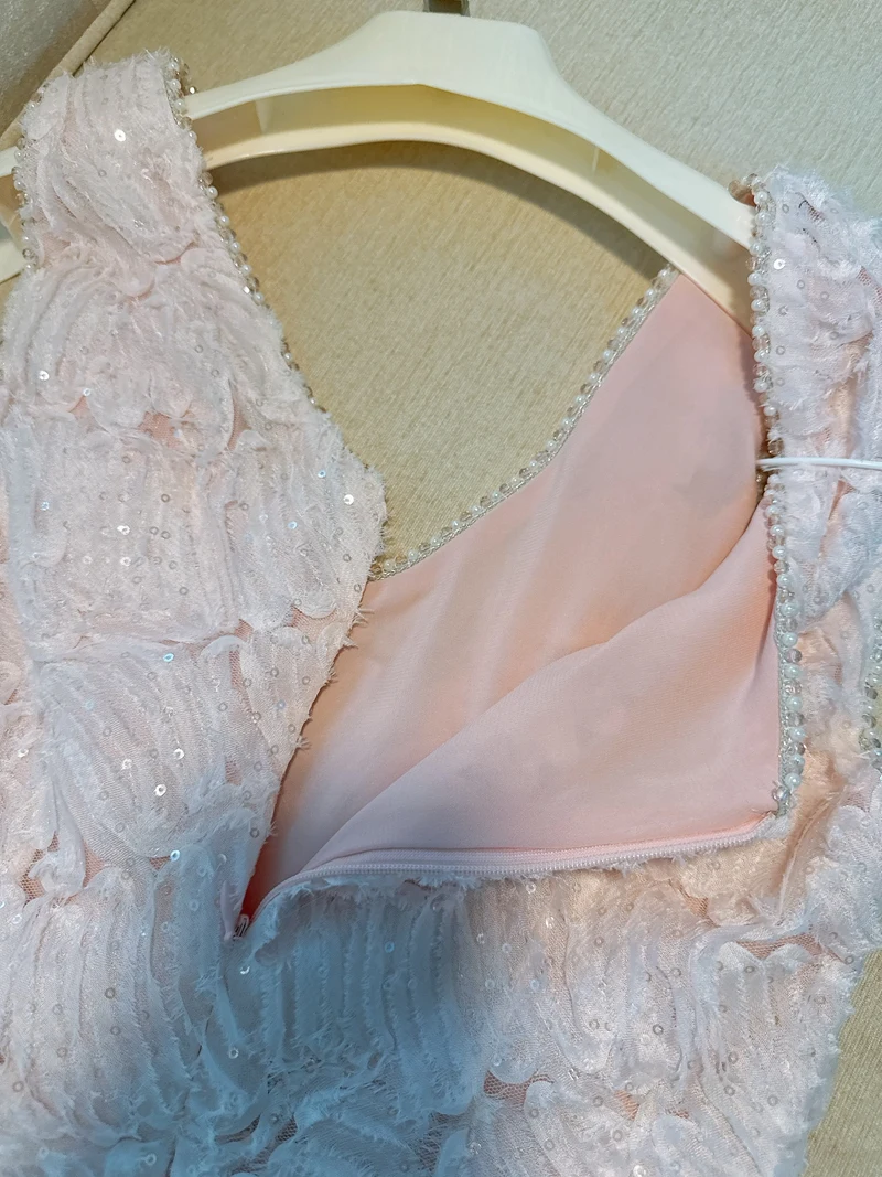 Ele Summer Vaion Dr Pink V-Ne Svel Robe trapèze brodée à embellissement lourd avec motif floral pour femme