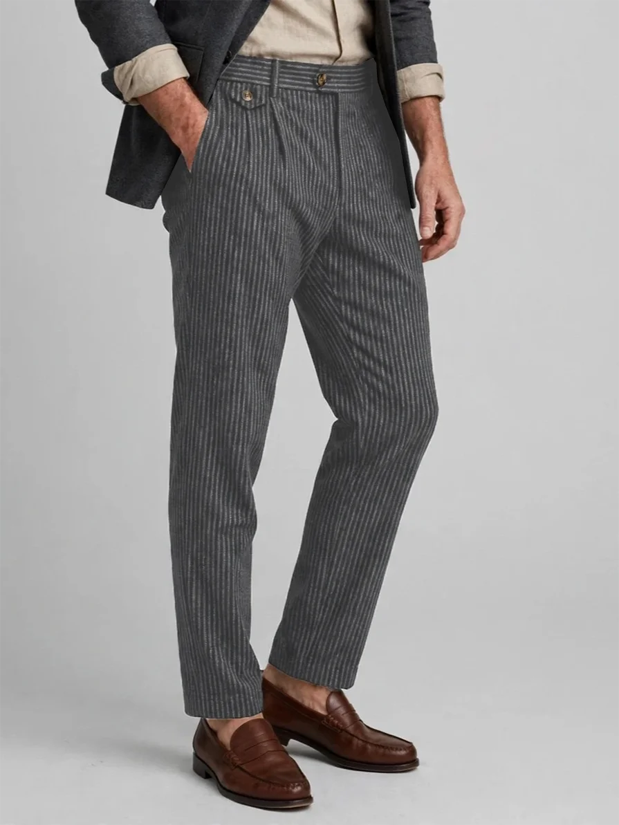 Men Mid Waist Pleated Tweed Striped Trousers Straight Leg Formal Business Casual Office Dress Pants Autumn Pantalon Hombre