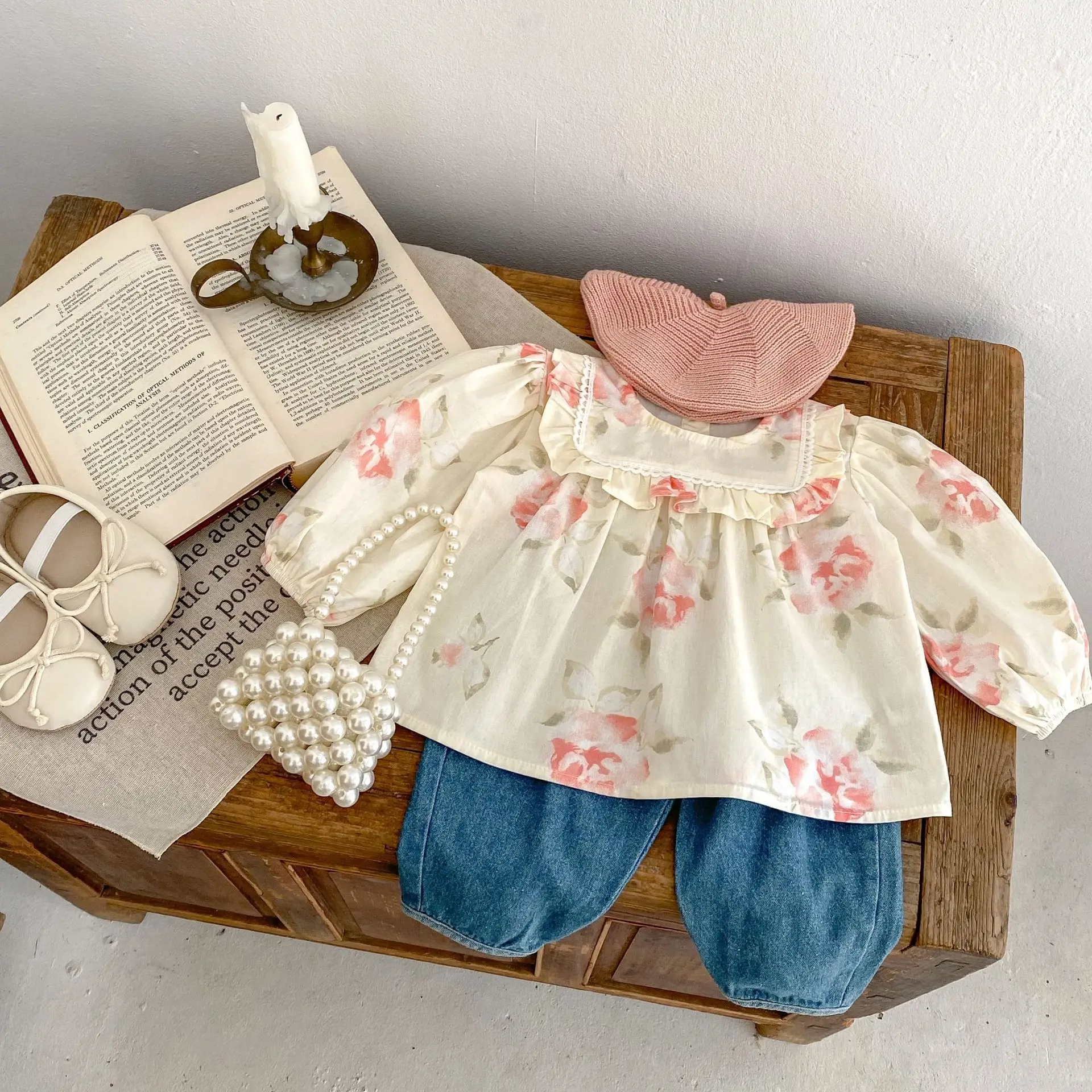 Spring and Autumn Clothing Baby Girl Baby Versatile Print Flower Round Neck Long Sleeve Top+Versatile Denim Radish Pants