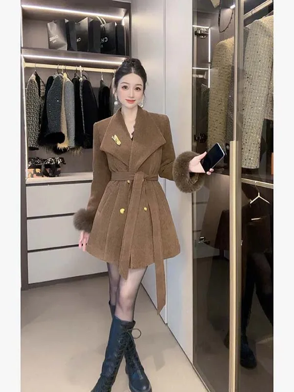 エレ・ティエネド コットン レディース コート ベルト付き 冬 2025 ファイオン フリップカラー スリムフィット ロング丈 スエット生地 TX0342