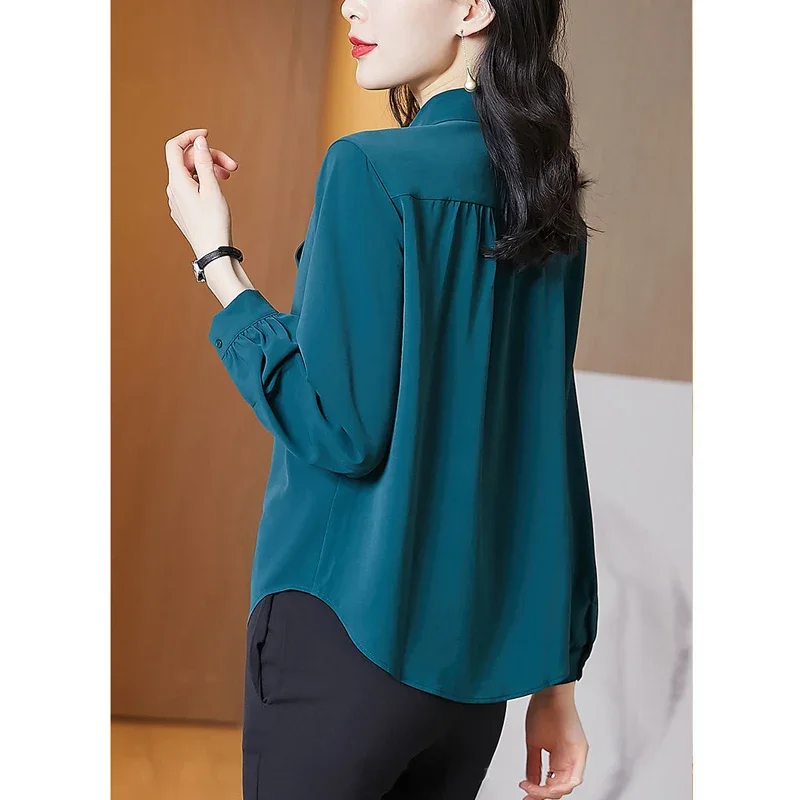 Lente Herfst Elegante Mode Kantoor Dame Knoop Omhoog Shirt Chique Strik Effen Lange Mouw Chiffon Blouse Top Vrouwen Blusas D159