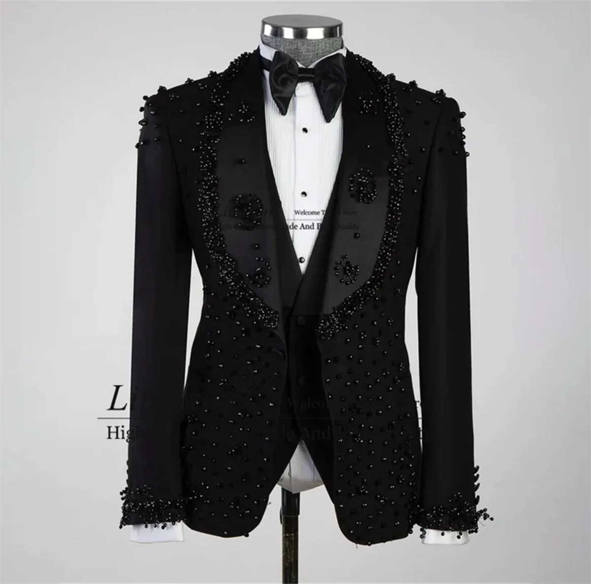 Luxury Pearl Beaded Men Suits Shawl Lapel Wedding Groom Tuxedos 3 Pieces Sets Business Male Prom Blazers Slim Fit Costume Homme