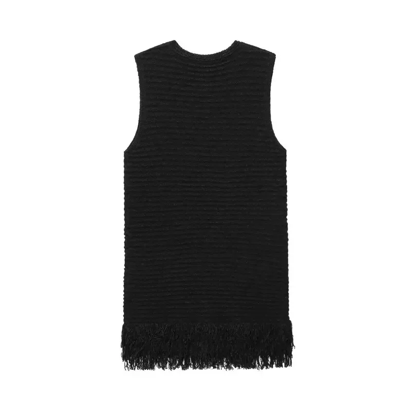 

Women's Elegant Checkered Tassel Detail Knitted Mini Dress Sleeveless round Neck Summer Holiday Chic Fashion Outfit