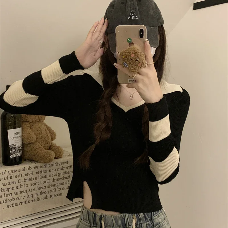 Truien Dames Slank Eenvoudig Breien Lente Ontwerp Patchwork Mode Turn-down Kraag Vrije tijd Elegant All-match Koreaanse stijl Nieuw