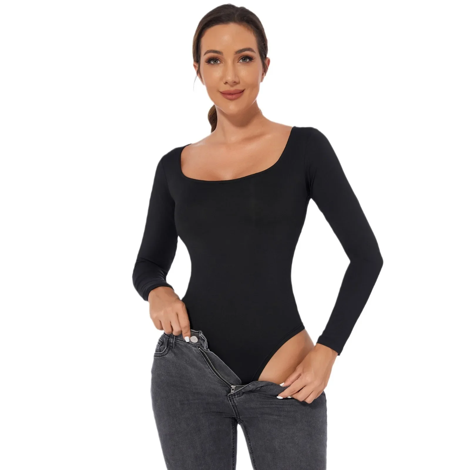 Plus size feminino fino-ajuste de fundo bodysuit de manga comprida macacão feminino barriga shapewear trabalhar closthes