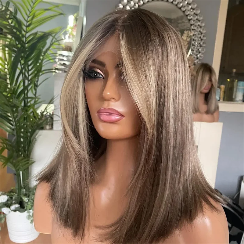 

Fashion Straight Bob Ombre Blonde Brown Highlights High Heat Fibre Synthetic Lace Front Wigs Dark Roots Party Daily Cosplay Wig