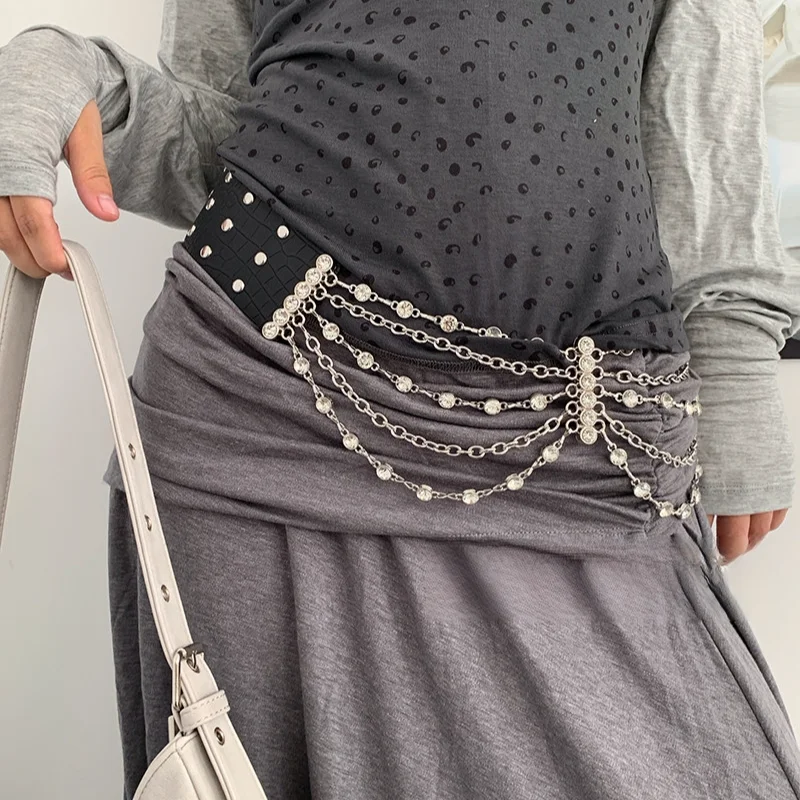 Women's Fashion Chain Belt  Y2k Spice Girls-inspired Pu Punk Belt Dress Accessories Circular Chain Hip-hop Rhinestones Belt