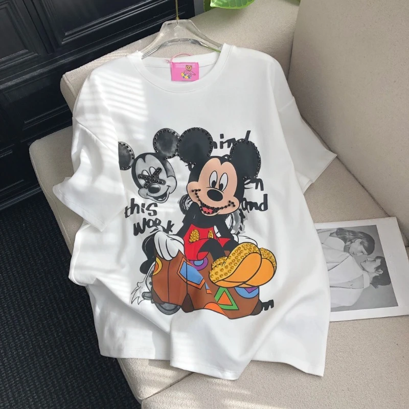 2025 New Sweet And Cool Casual Cartoon Y2k Tshirt Diamond-encrusted Printing Round Neck Pullover Loose Short-sleeved Top T-shirt