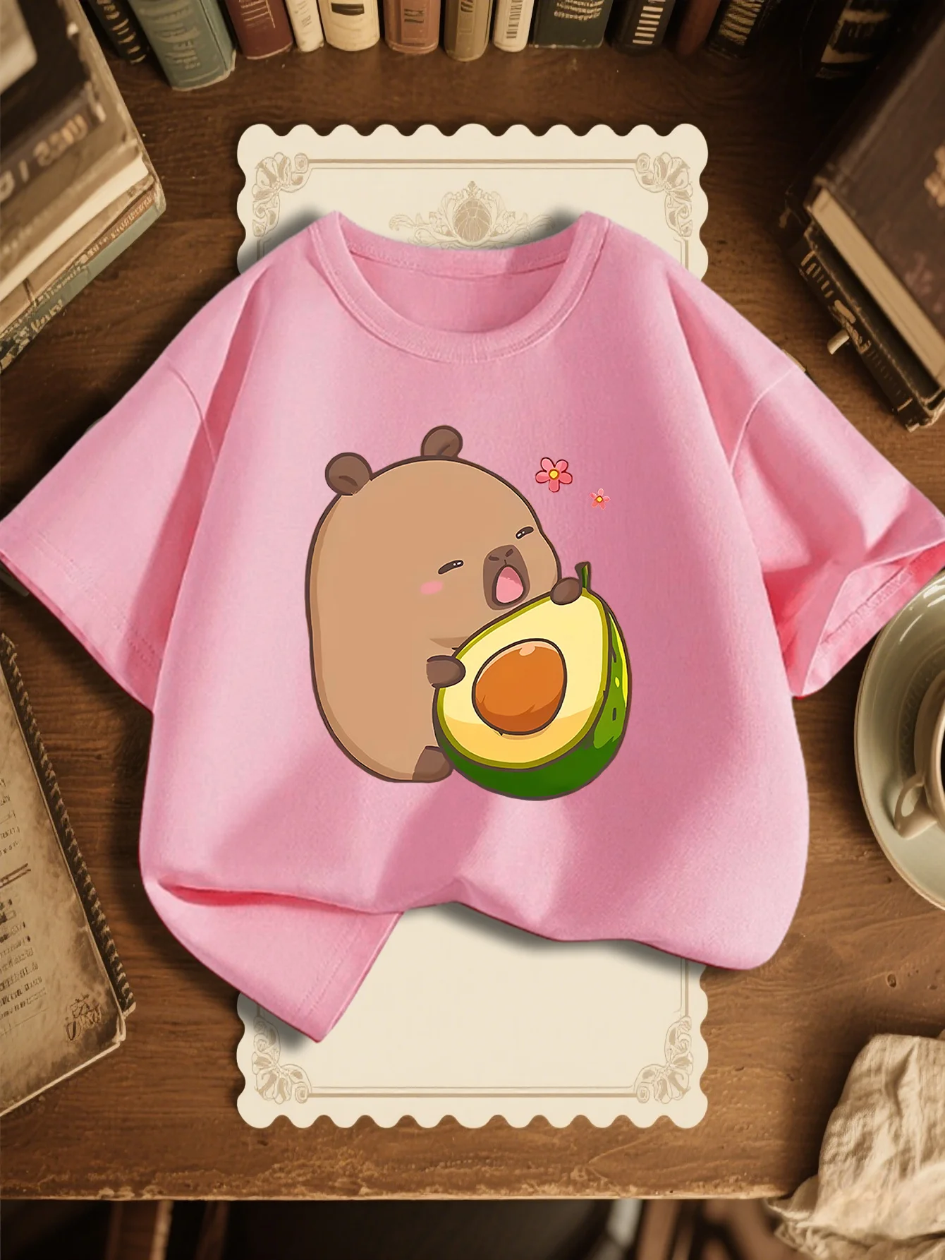 Capybara Avocado Print Kids T Shirt Cotton Short Sleeve Boys Girls Pink Parent Child Matching Cartoon Children Family Loose Tee