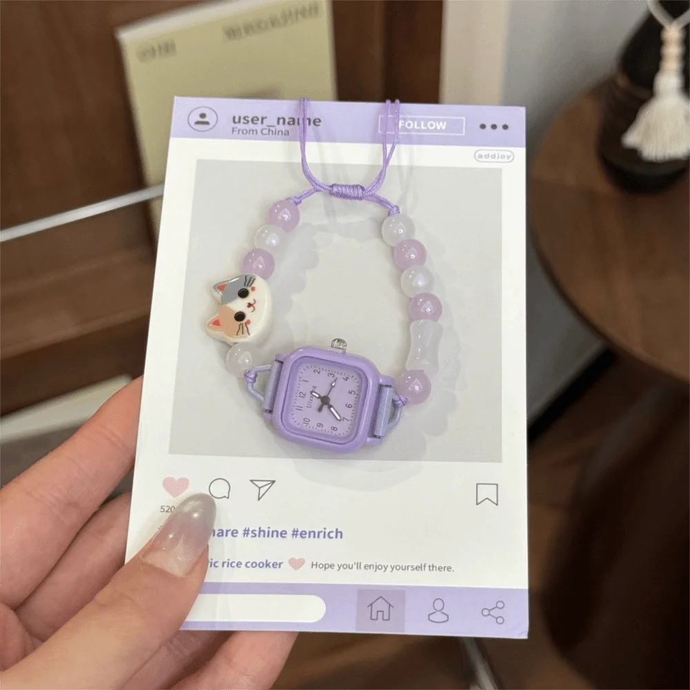 Fashion Adjustable Bracelet Watch Beaded Cute Chain Watch Cartoon Cat Quartz Watch for Women Girls