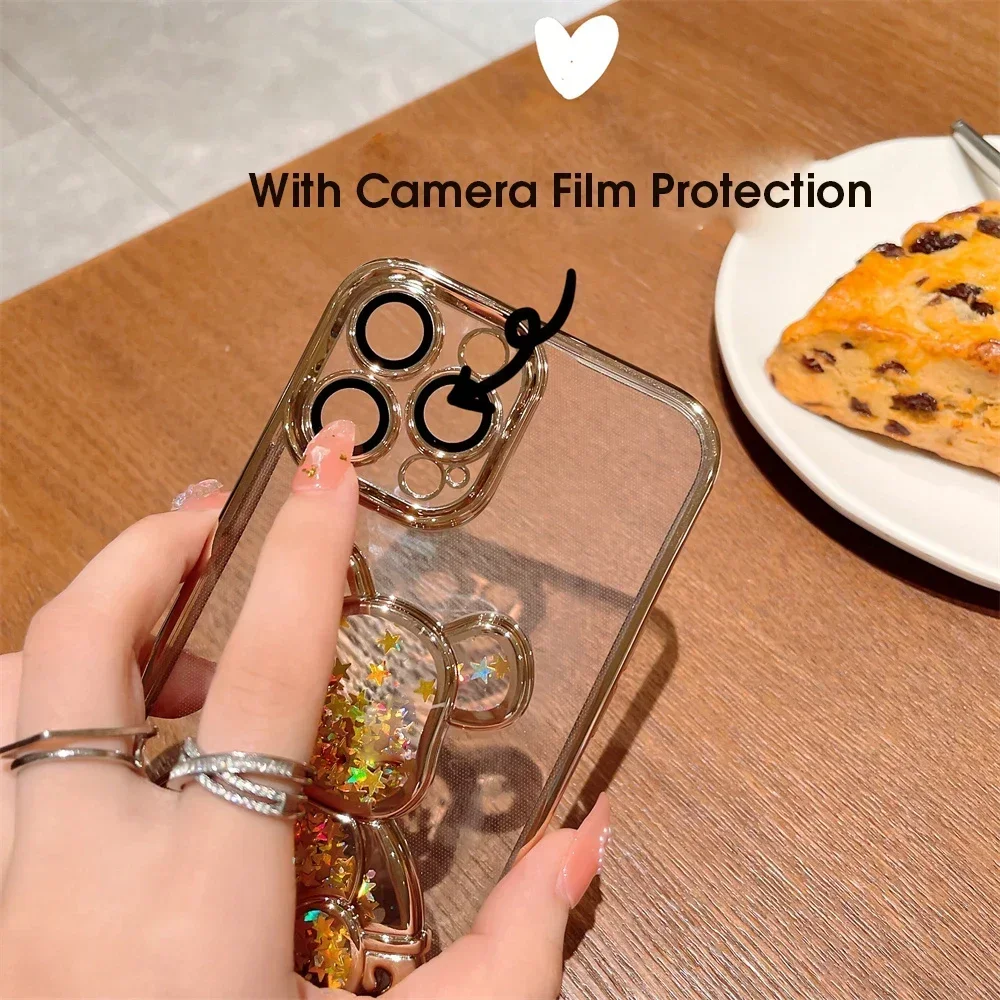 Quicksand Cartoon Bear Case For iPhone 16 15 14 13 12 11 Pro Max Plus Lens Protection Clear Butterfly Shockproof Plating Cover