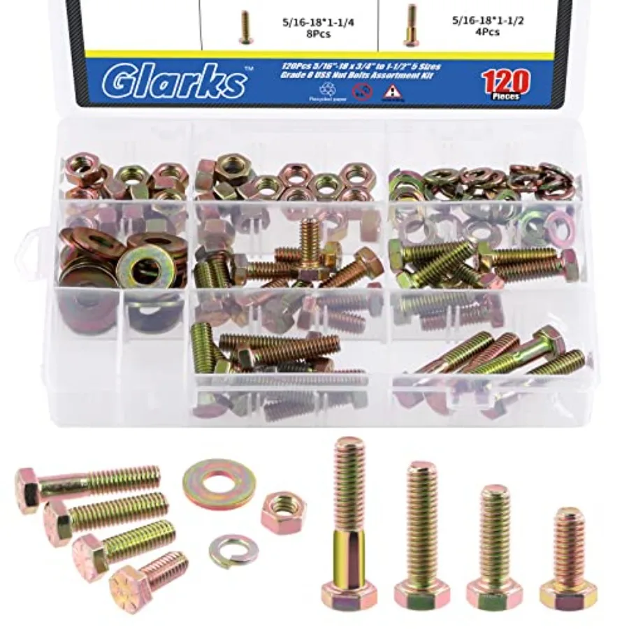 

120 шт., 5 16 дюймов, 18 класса 8, шестигранные болты с резьбой Coae, гайки, набор винтов, 4 размера 3, 4 дюйма, 1 дюйм, 11 4 дюйма, 11 2 дюйма, винты с шестигранной головкой и он
