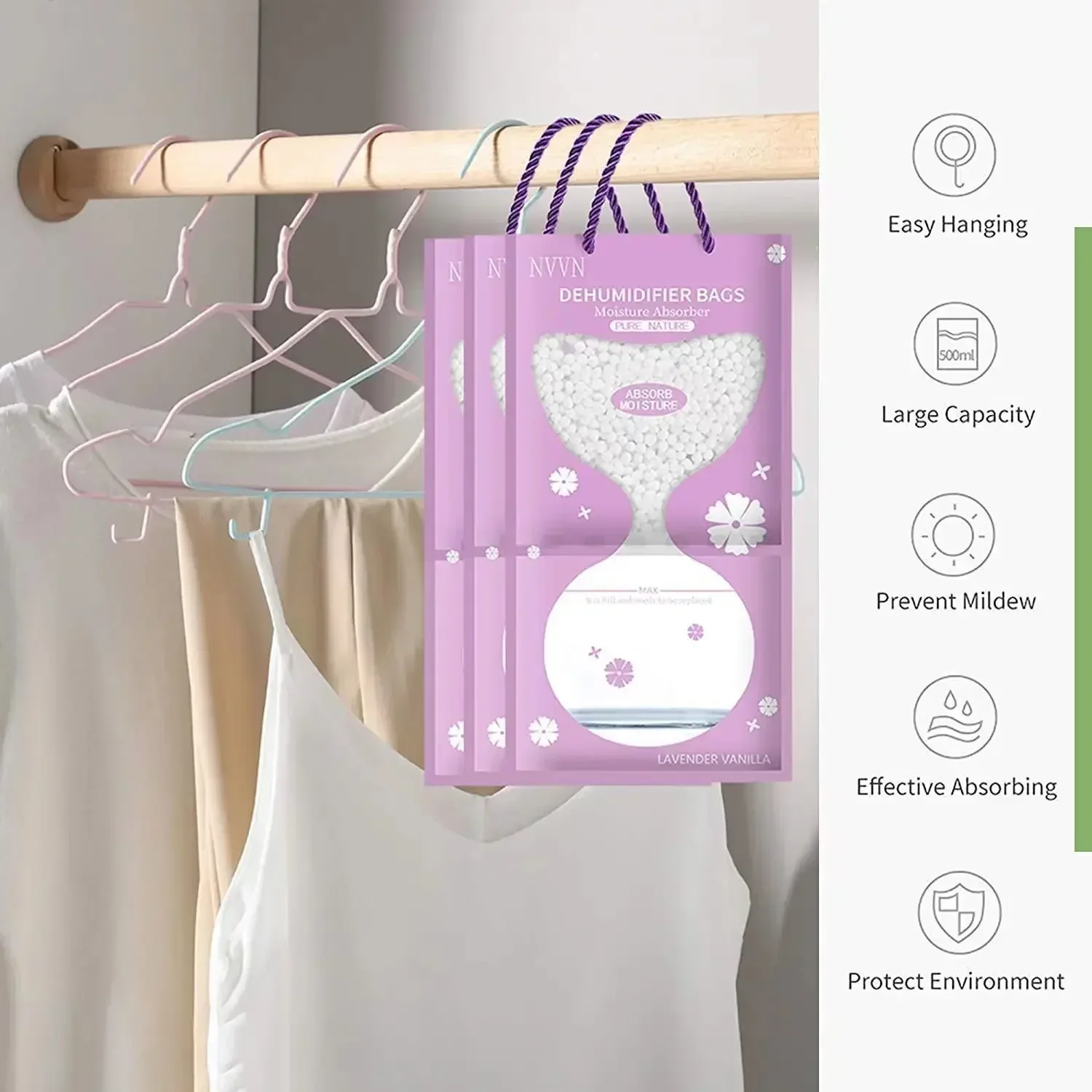 4PCS Lavender Closet Moisture Absorbing Hanging Bag Home Closet Dehumidifier Hanging Drying Agent Dehumidifier Bag