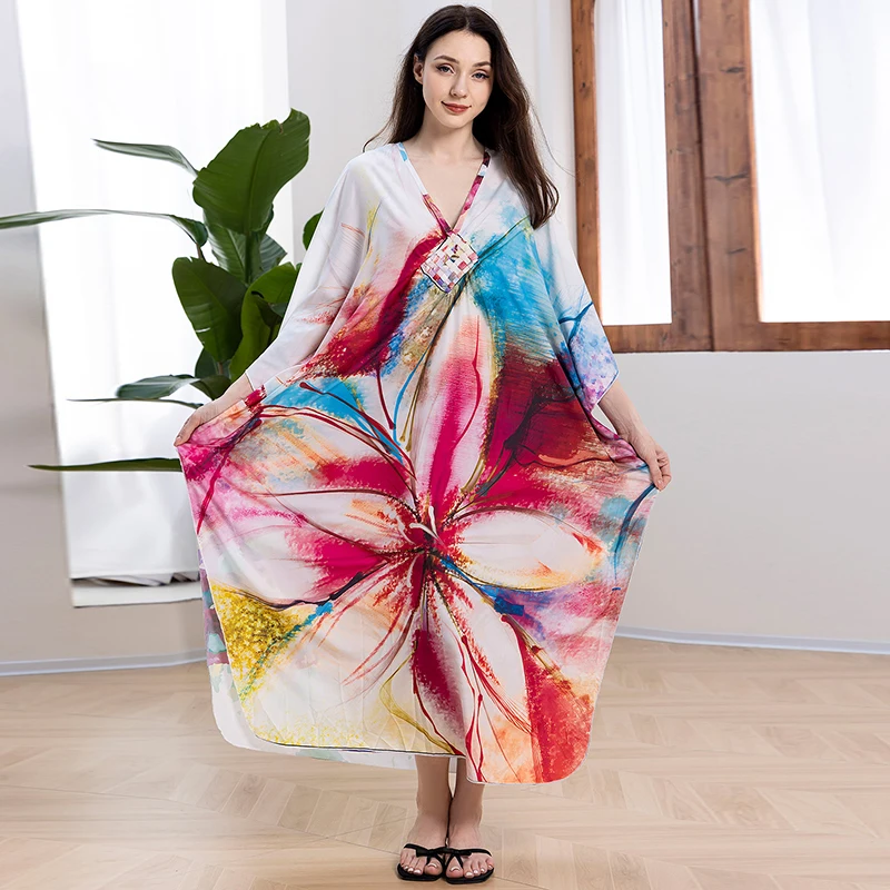 Robe Maxi à Fleurs Abstraites pour Femme, Tenue de Style Boho Artistique, Longue et Colorée, Caftan avec Interconnexion Florale