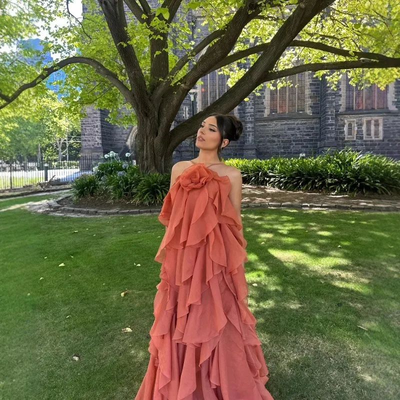 Orange Stacked Ruffles Backless Long Dress Women Halter Flounce Flower Luxurious Party Dresses Evening Vacation Long Lady Robe