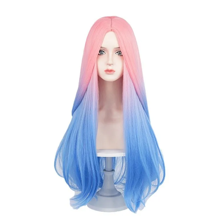 Alien estágio mizi peruca cosplay longa reta rosa azul gradiente perucas de cabelo resistente ao calor perucas de festa de halloween + touca peruca