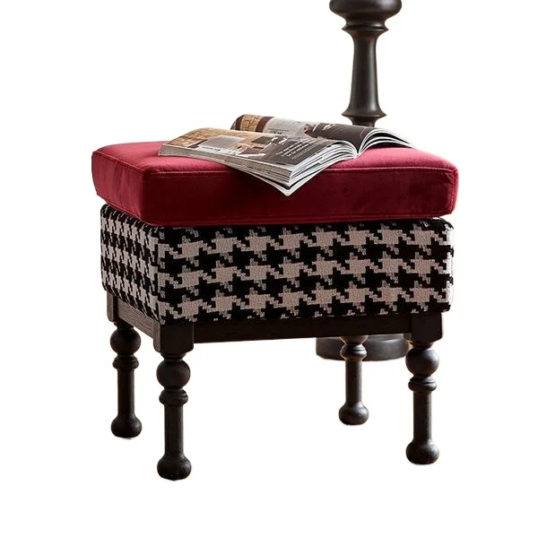 French vintage solid wood vanity stool, dressing bench, American light luxury bedroom home soft cushion low stool