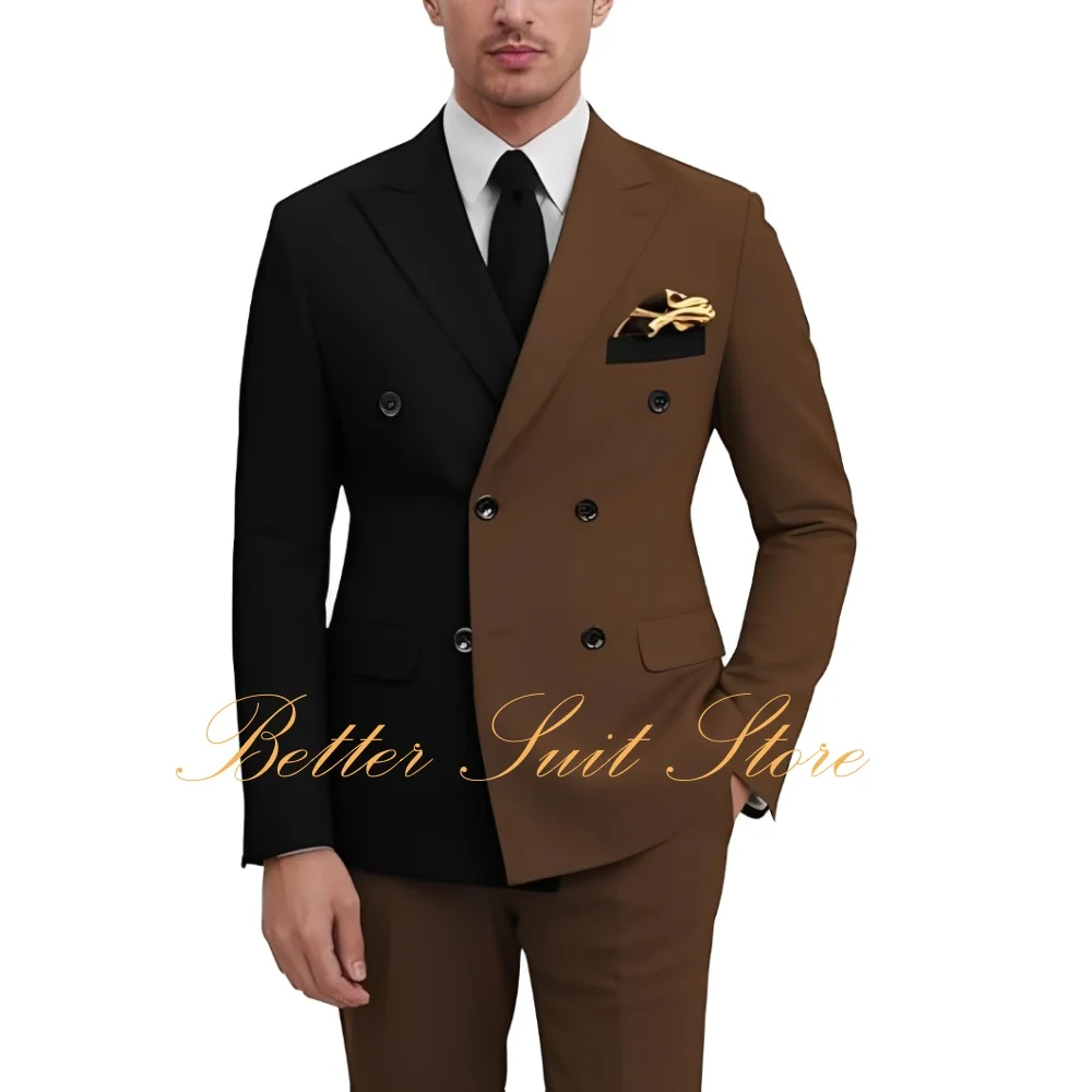 Fashion Color block Men Double Breasted Suit 2 Piece Slim Fit Wedding Prom Tuxedo Peak Lapel Blazer Pants Outfit Men's Suits