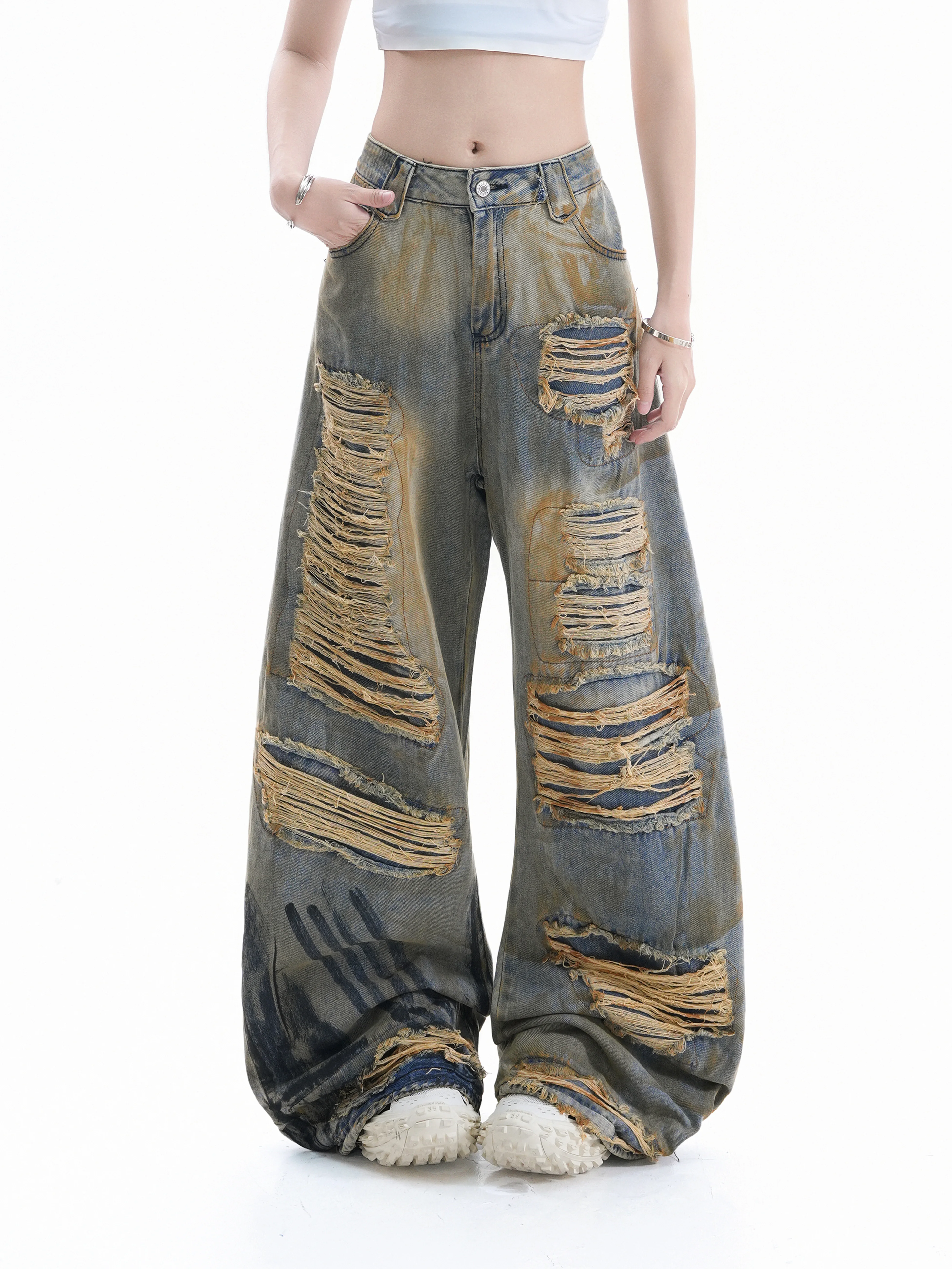 

Retro American Small Ball Knife Wide Leg Jeans Women's Heavy Duty High Street Sexy Floor Length Pants Distressed Denim