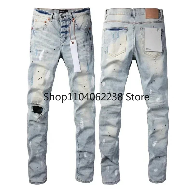 2024 Purples jeans Men High street blue do vintage high quality repair low elevation brand skinny hold denim trousers pants