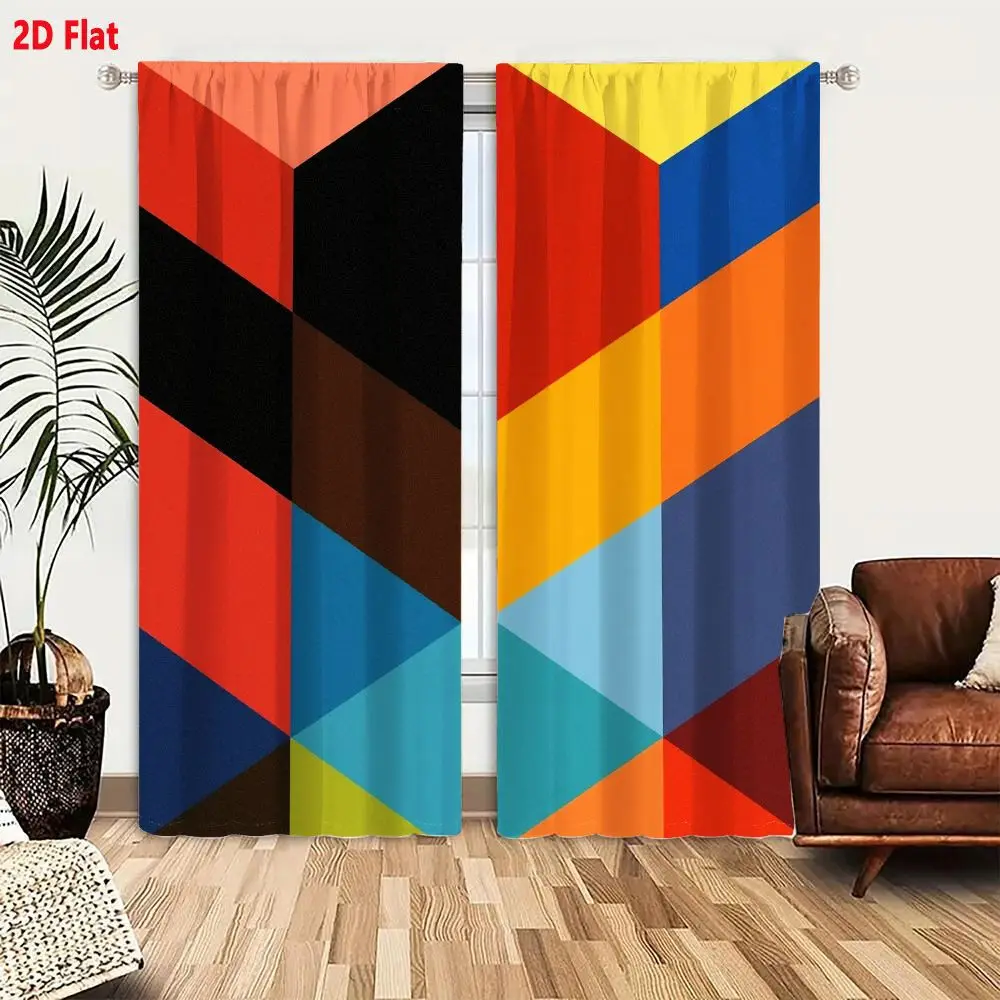2Pcs Curtains 2D Flat Vibrant Abstract Geometric Pattern With Interlocking Cubes In Bold Primary Colors And Black Accents Window