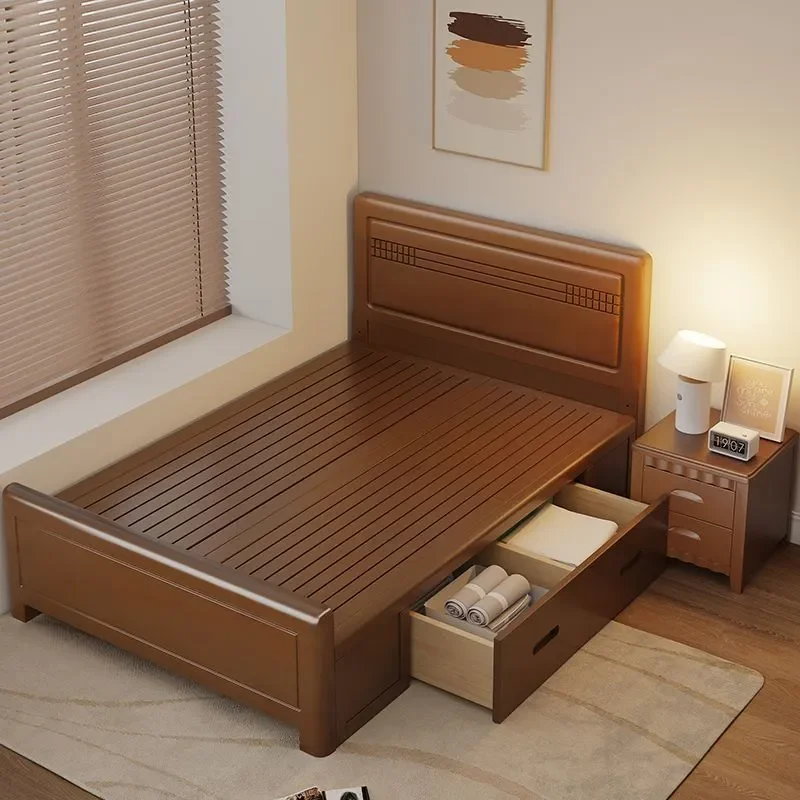 Simple Solid Wood Bed 0.9m 1m 1.2m 1.35m 1.5m Single Bed with Storage for Small Apartment Household Furniture