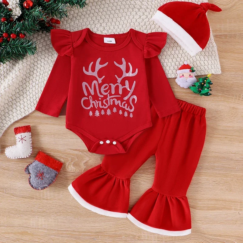 0-18 Months Baby Girl Christmas Outfits Christmas Tree/Deer Antler Print Long Sleeve Romper Flare Pants Hat 3Pcs Clothes Set