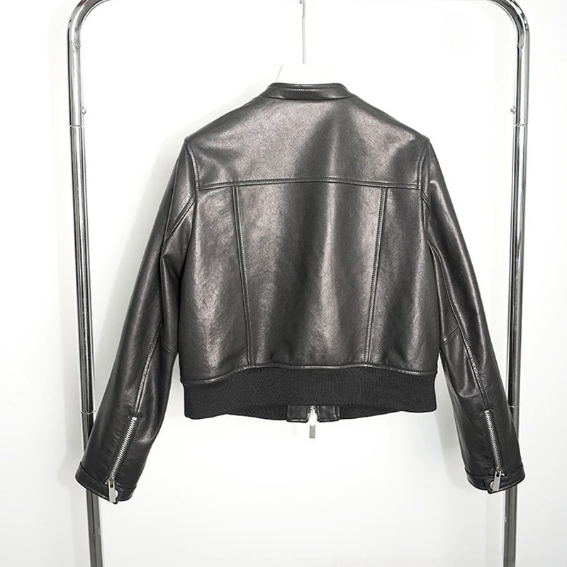 แฟชั่นคอปกผู้หญิงเสื้อแจ็คเก็ตหนังแท้ Cool Moto & Cycle หญิง Casual Zipper Elastic เอวหลวม Sheepskin แจ็คเก็ตสั้น