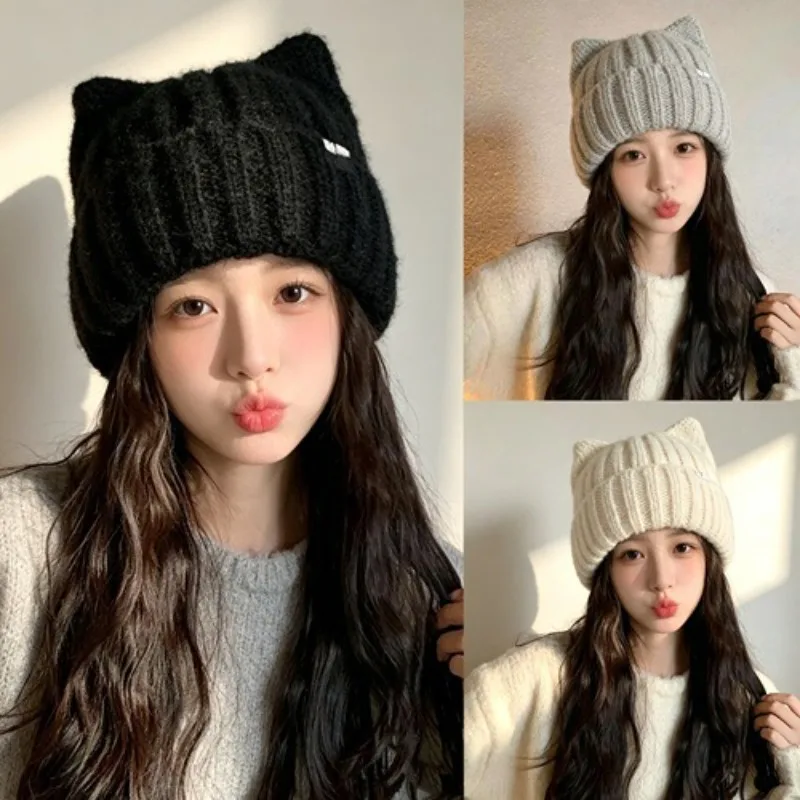 Women Cat Ear Knit Beanie Autumn Winter New Japanese Style Cute Thick Warm Korean Style Versatile Cold Weather Hat