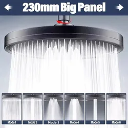 New 6 Modes Adjustable Large Rainfall Shower Head High-Pressure Water Saving Big Panel Top Spray Rain Showerhead 360° Swivel