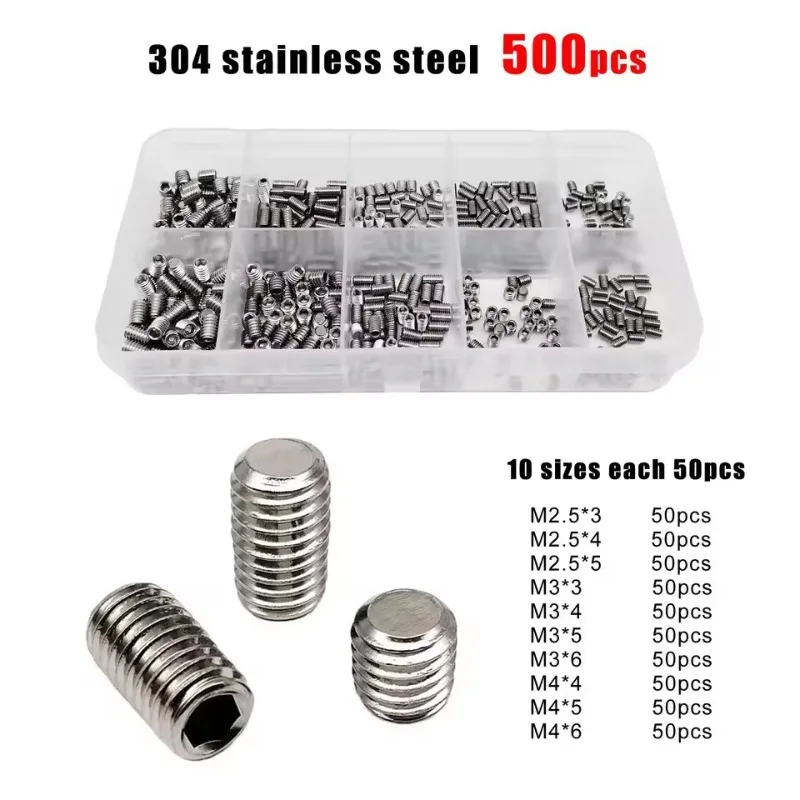 500Pcs Boxed DIN913 Hex Flat End Grub Screws M2.5-M4 304 Steel & Black Zinc Plated Fasteners for Mechanical Position Fixing